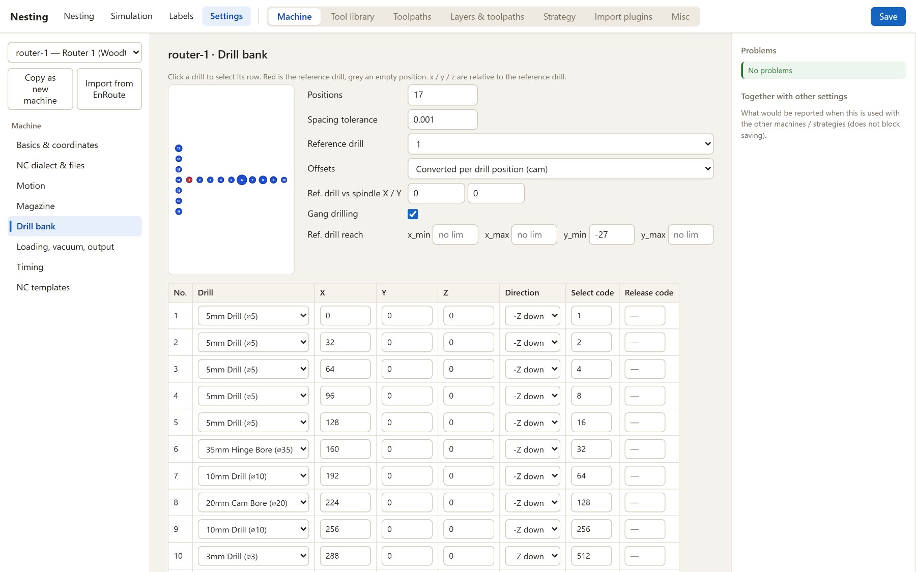 Drill bank settings: spindle layout and each spindle's drill, position and select code