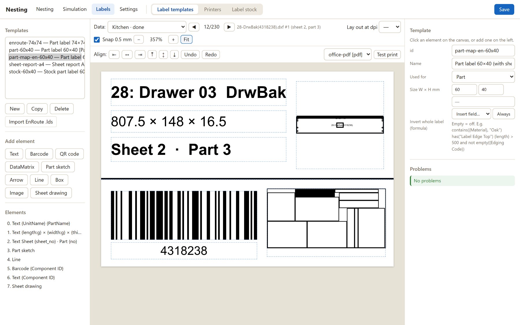 Label designer: a part label with a sheet map in the corner, this part filled black