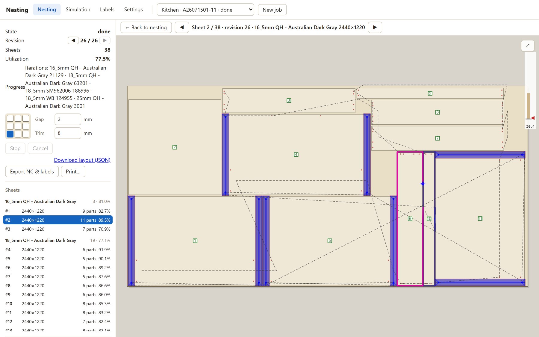 Simulation halfway through a sheet: finished cuts in blue, air moves dashed